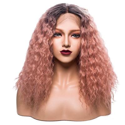 China Cheap Jerry Curl Long Ombre Lace Front Wig Black Curly Synthetic Pink Color for sale