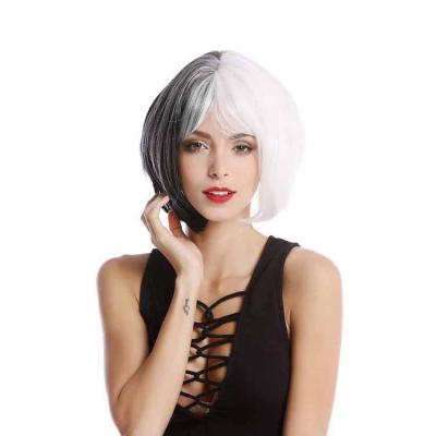 China Silky Straight Synthetic Black Cruella De Vil Costume Half Wave White Wig for sale