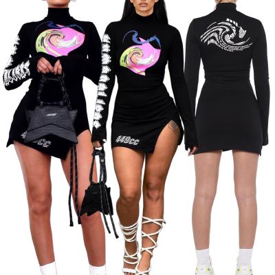 China custom Anti-wrinkle PDEP PDEP logo printed black letters high neck long sleeve bodycon dress casual dress slit long for sale