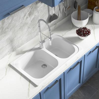 China Without Faucet Handmade White Ceramic Farmhouse Double Bowl Kichen Sink Hidden Kitchen for sale