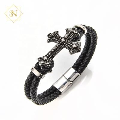 China Genuine Fashion Religious Men's Bracelet With Stainless Steel Magnetic Snap Cross Braided Leather Bracelet for sale