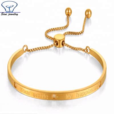 China Office/Career Stainless Steel Gold Plated Band Tail Chain Can Adjust Bracelets, Letters Engraved Bangles for sale