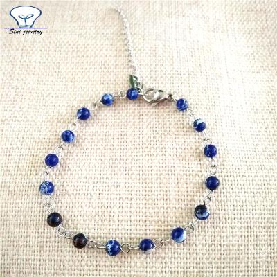 China OEM New Arrival Silver Stainless Steel Jewelry Link Chain Blue Color Beads Bulk Custom Made Bracelet Dropshipping for sale