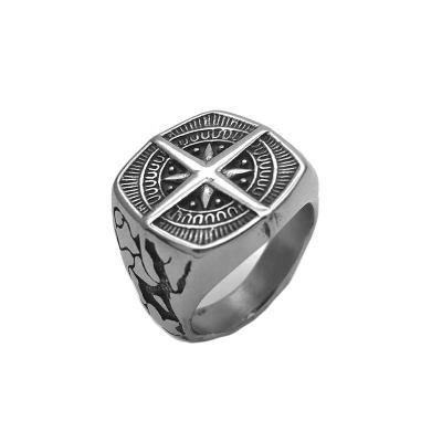 China Vintage Classic Silver Black Enamel Rings Mens Punk Retro Masculine Compass Logo Titanium Steel Ring for sale