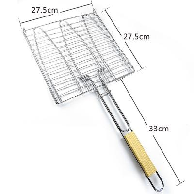 China Easily Cleaned Wooden Wire Mesh Rack Basket Fish Handle BBQ Grill Stainless Steel BBQ Tool Net Vegetable Clip for sale