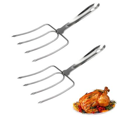 China Easily Cleaned Four Needle BBQ Chicken Fork Camping Turkey Fork Stainless Steel Roasting Pusher Fork for sale