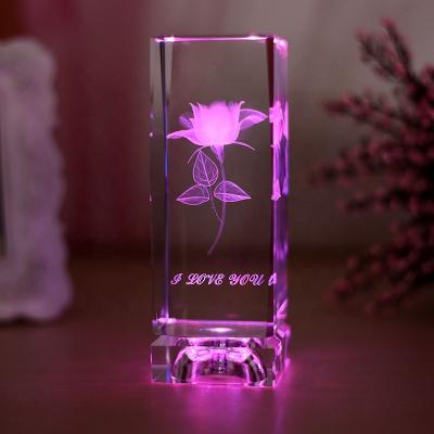 China Europe 3D Laser Engraved Crystal Glass Rose Flower Cube With Led Light Base For Wedding Souvenirs Guests for sale