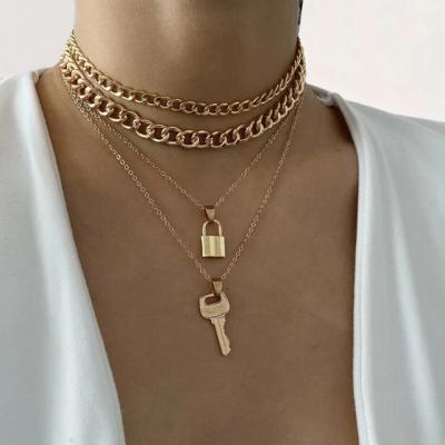 China New Design Four-Layer Necklace Personality Key Lock Necklace FASHIONABLE Thick Chain Pendant Silver Gold Plated Pendant Necklace for sale