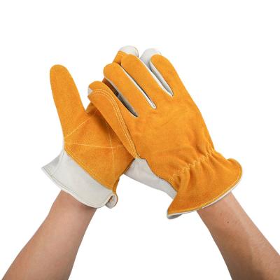 China Durable And Comfortable Hot Sales Grade White Yellow Flexible Cotton Cuff AB Thumb Top Grain Driver Leather Work Safety Gloves for sale