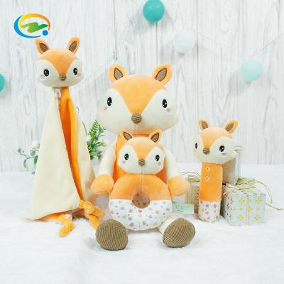 China Customize Rabbit/Fox Baby Rattle Pillow Plush Toy Quilt Cotton Swaddle Blanket Cute Animal Teether Toy for sale