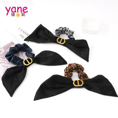 China Korea Popular Black Satin Hair Bunny Ear Scrunchies With Metal Rings Hair Bands For Women for sale