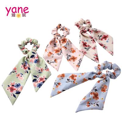 China Elegant bow ponytail scrunchies floral print with long ribbon hair tie for women for sale