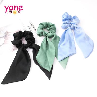 China Pretty Solid Color Ponytail Holders Hair Ties With Satin Bunny Ears Scarf Knotted Scrunchies For Women for sale