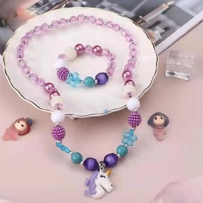 China Beautiful High Shiny Polished Unicorn Pendant Bracelet Set Kids Necklace Mermaid Jewelry for sale