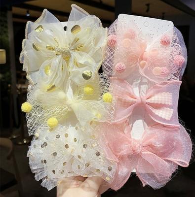 China Color Hair Pin Net Yarn Pom Pom Large Hair Clip Children's Cloth Bow Hair Clip Set for sale