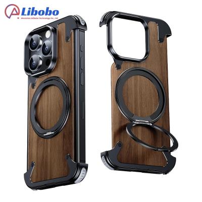 China Shockproof For iPhone 15 14 Pro Max Case 360 Rotating Ring Stand Magnetic Phone Holder Walnut Wood Metal framework Protective cover for sale