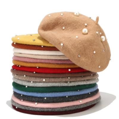 China Character Fashion Wool Women Winter Berets Pearl Luxury Cashmere Beret Hats Feminine Warm Girls for sale