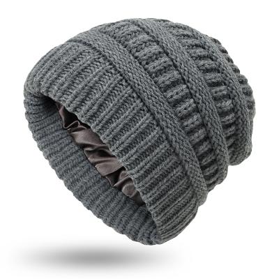 China COMMON Wholesale High Quality Fashion Knitted Winter Hats Satin Striped Winter Beanie Hats For Women for sale