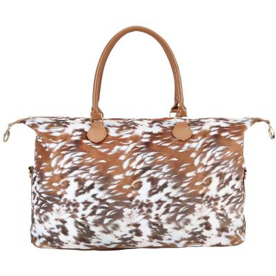 China Fashion Print Factory Customized Cow Leopard Plaid Travel Duffle Tote Weekender Bag for sale