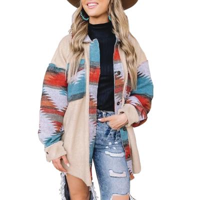 China Breathable In Front Pockets Print Flannel Women Shacket Running Jacket Western Style Aztec for sale