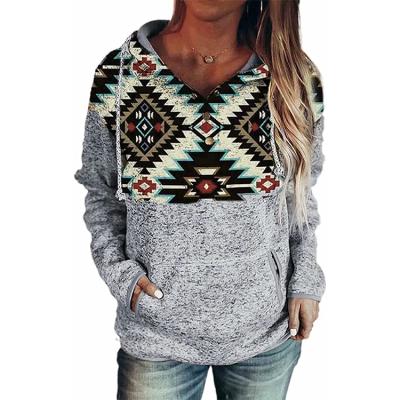 China Womens 1/4 Button Breathable Leopard Running Plaid Aztec Print Patch Hoodie for sale