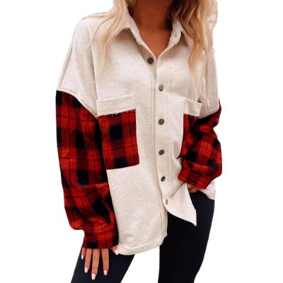 China Breathable In Stock Women's Front Pocket Buffalo Plaid Flannel Shacket Casual Coat for sale