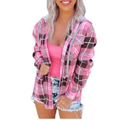 China New Design Breathable Pink Front Pocket Plaid Shirt For Women With Detachable Hat for sale