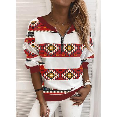 China Breathable In 1/4 Current Casual Aztec Zipper V-Neck Sweatshirts Women Sweater for sale