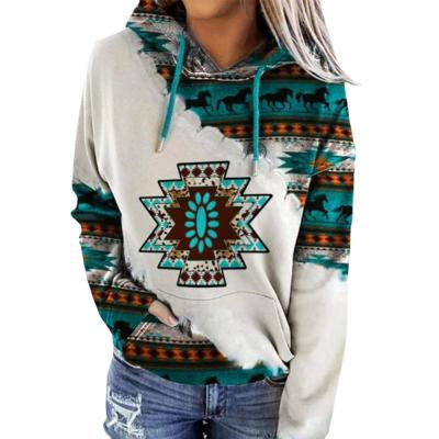 China Breathable Ethnic Women Pullover Geometric Print Hoodies With Kangaroo Pocket for sale