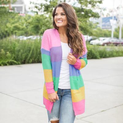 China 2020 New Women Breathable Casual Rainbow Striped Color Blocking Sweaters Cardigans for sale