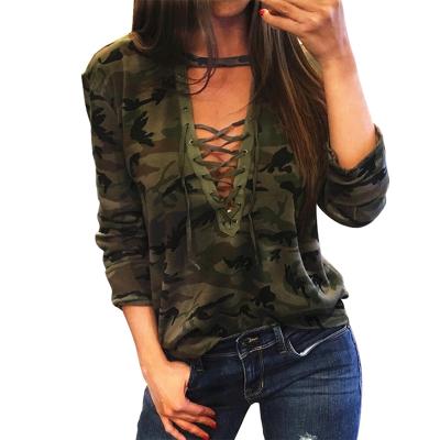 China Breathable Women Camouflage V-Neck Lace Up Casual Top Shirt Long Sleeve Blouse for sale