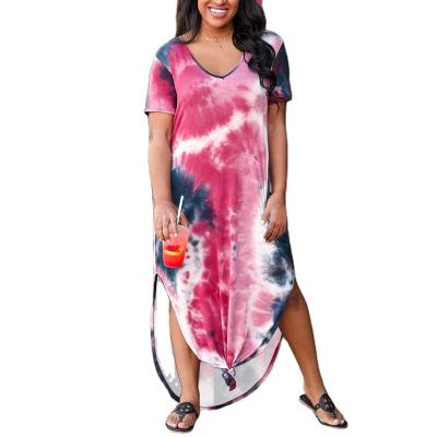 China Summer Breathable Women Tie Dye V-Neck Short Sleeve Split Maxi Dress for sale