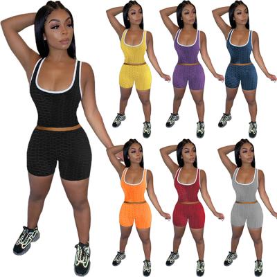 China Breathable High Quality Yoga Sports Bodycon Camisole Shorts Women Path Waffle Two Piece Set for sale