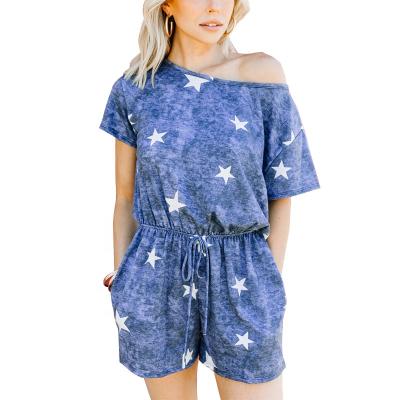 China Women Summer Tie Dye Anti-Static Star Hollow Out Romper Elastic Waist Drawstring Overalls for sale