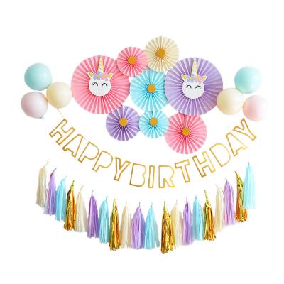 China New Design Latex Macaron Paper Flower Fans Hanging Happy Birthday Banner Colorful Latex Balloon For Birthday Wedding Decoration for sale