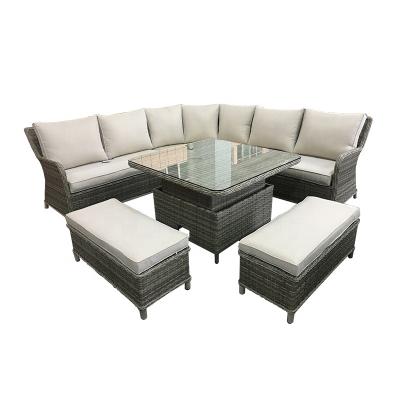 China Modern Table by Gray Alum Wicker Rattan Corner Sofa Set With Square Rising Light /Liftable and 2 Benches for sale