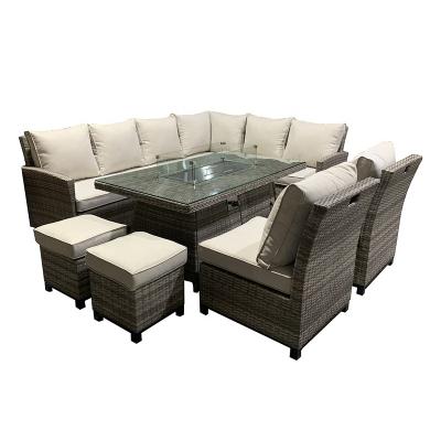 China Modern Outdoor Alum Garden Furniture Wicker Sofa Set With Rectangular Firepit Table With Chairs And Ottoman/Stools for sale