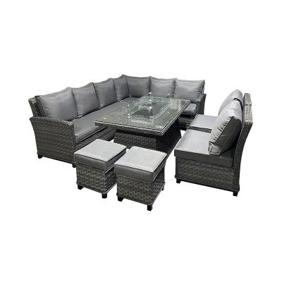 China Modern Alum Rattan Furniture Sofa Set With Rectangular Firepit Wicker Table With Chairs With Cushions for sale