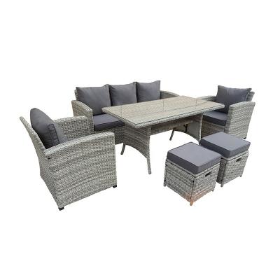 China Modern KD 7 Seat Rattan Sofa Set With Low Dining Steel Wicker Table With 2 Stools/Stools for sale