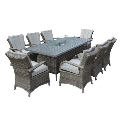 China Modern Outdoor Garden Patio Furniture 9pcs Alum Wicker Dining Set With Chairs And Firepit Table With Cushions for sale