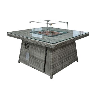 China KD Modern Aluminum Wicker Rattan Square Firepit Dining Coffee Table 100*100cm With Glass Top for sale