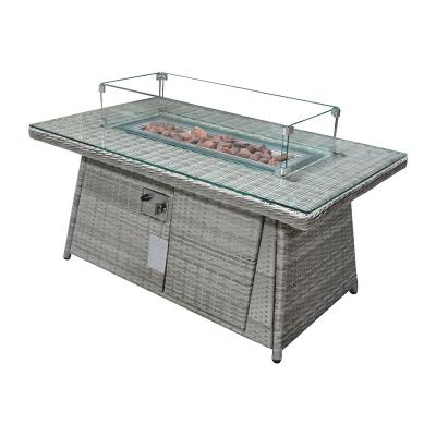 China KD Modern Rectangular Aluminum Wicker Firepit Rattan Dining Coffee Table With Glass Top for sale