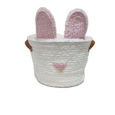 China New Soft Sustainable Natural Material Polyester Material White Rabbit Storage Basket With Leather Handles for sale