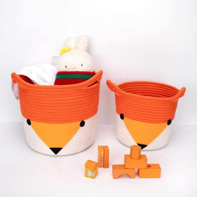 China Fox Shape Viable Cute Animal Basket With Embroidery Cotton Rope Basket Wholesale Set Of 2 for sale