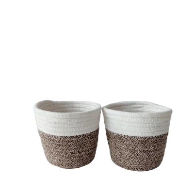 China Size Colors Cotton Rope Factory Basket Modern Customized Flower Woven Small Size Basket With Skin Handles for sale