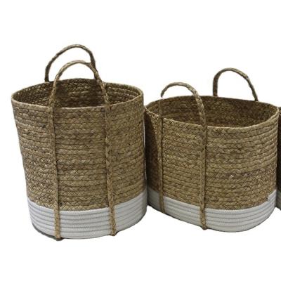 China New Next Sustainable Set Cotton Rope With Water Hyacinth Storage Basket Laundry Basket With Straw Handles for sale