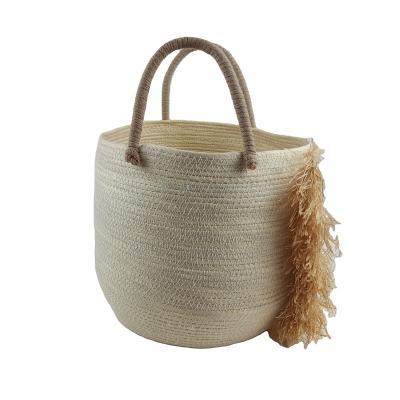 China Sustainable Luxury High Quality Paper Rope Laundry Basket With Decorative Lafite Grass Storage Basket for sale