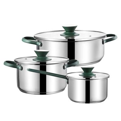 China Sustainable Green Cookware Set Stainless Steel Handle Soup Pot With Glass Lid for sale