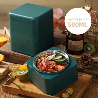 China Plastic Portable Food Bento Lunch Box Freshness Keep Green Square Stainless Steel Bento Different Layer for sale