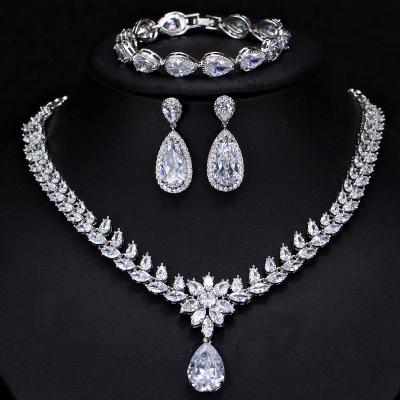 China Wedding Accessories 3 in 1 High Quality Copper Dress Accessories Wedding Anniversary Party Flower Zirconia Bridal Jewelry Sets for sale